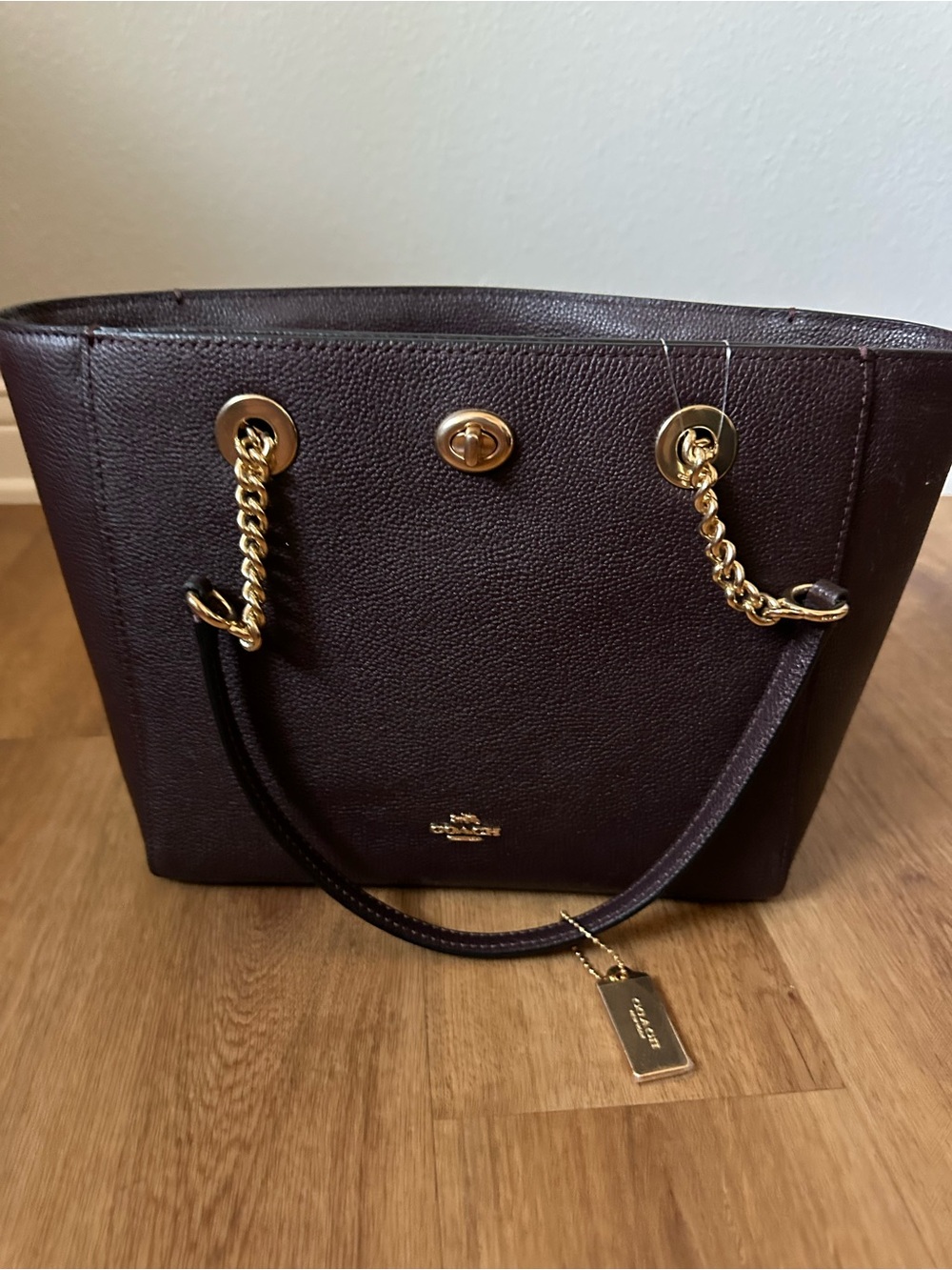 Coach Pebbled Leather Tote in Dark Brown with Gold Hardware and Chain Handles
